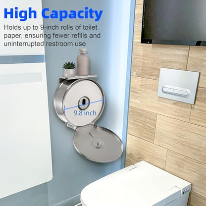 Commercial Jumbo Toilet Paper Dispenser with Shelf, Wall Mount Stainless Steel 9 Inch Roll Toilet Paper Holder, Brushed Touchless Toilet Tissue Dispenser with Lock Key for Restroom Bathroom