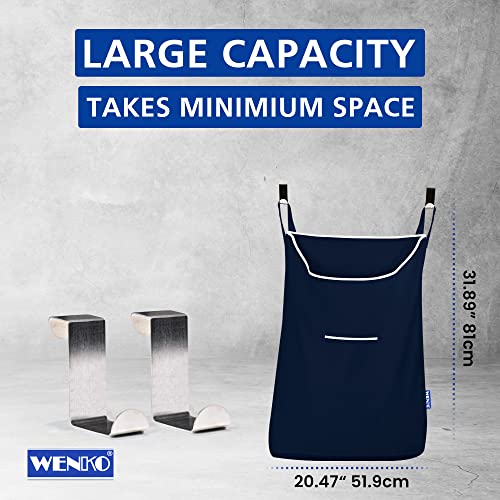 WENKO Laundry Hamper Bag Hanging, Over The Door Basket with Hooks, for Bathroom, Closet, Space Saving Storage, Wall mounted 3.94 x 20.47 x 31.89 in, Navy - color: Navy