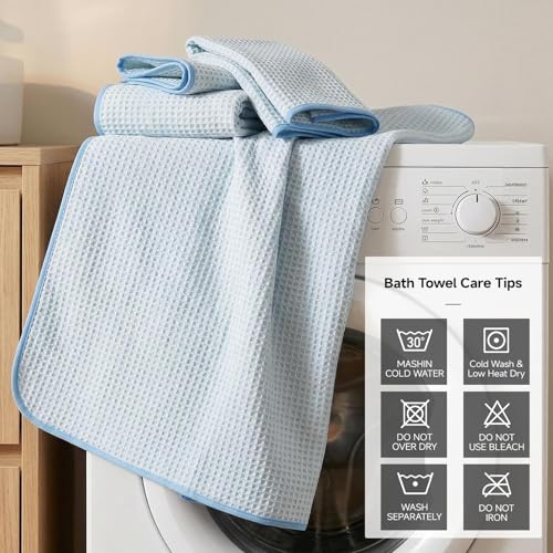 REDKISS Soft 8 Piece Waffle Towel Set, Microfiber, Lighter Weight, Absorbent, Quick Dry, Lint Free Bath Towels for Bathroom, Spa & Hotel – 2 Bath, 2 Hand, 4 Washcloths, Blue - color: Blue