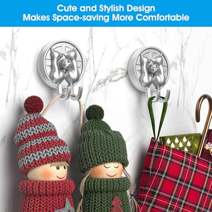 AST Cute Double-Cat Suction Cup Hook, 2 Pack, Heavy Duty Hooks, Upgraded Reliable Force of both Adhesion and Vacuum, Wall Holders for Loofah, Towel, Coat and Bath Robe, Waterproof Hanger, Matte Silver