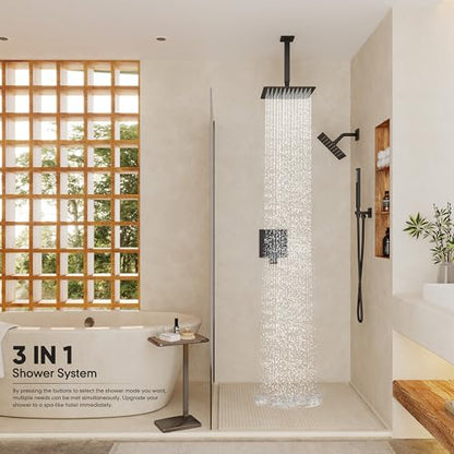 Black Shower System, All Metal Dual Rain Shower Head with Handheld | 3-In-1 Push Button Valve and Trim Kit, Matte Black SUS304 10" Ceiling & 8" Wall Mount Heads, Bathroom Shower Faucet Set - color: Matte Black