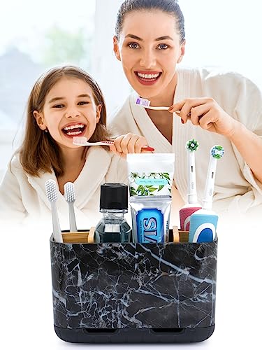 GFWARE Marble Toothbrush Holders with Drainage, Bathroom Organizer, Large | 5 Slots Toothbrush and Toothpaste Holder with Bamboo Divider, Kids Electric Toothbrush Holder for Bathroom, Marble-Look - color: Marble-l