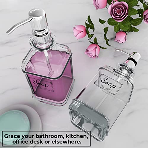 GLADPURE Soap Dispenser - 2 Pack, 18 Oz Antique Design Thick Glass Hand Soap Dispensers; with 304 Rust Proof Stainless Steel Pump, 6Pcs Clear Stickers, for Kitchen, Bathroom - Silver - color: Silver