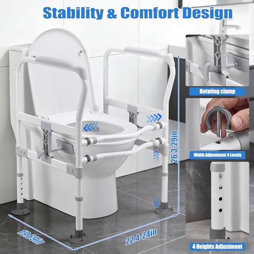 Toilet Safety Rails for Seniors, Zynuhmo Adjustable Toilet Safety Frame with Non-Slip Handles for Elderly, Handicap & Disabled, Foldable Toilet Handles Toilet Rail Stand Up Assist Fit Most Toilets