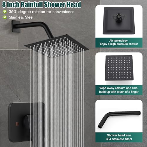 Heyalan 8-Inch Square Rain Shower Faucet Set with Valve, Matte Black | SUS304 stainless steel shower head, male NPT 1/2-inch valve, single-handle control, adjustable angle, 1.8 GPM - color: Black