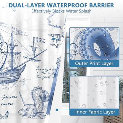 No Hook Shower Curtain and Liner Set, Nautical Navy Blue Shower Curtain with Translucent Window, Double-Layer Waterproof Bathroom Shower Fabric Curtains, Retro Coastal Octopus Pattern, 71x74 Inches - color: Nautical Colossal Octopus
