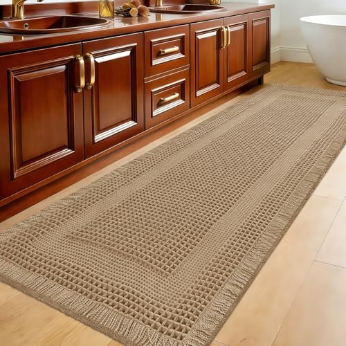 Extra Large Waffle Bath Mat, 5'x2' Beige-Looped, Super Absorbent Non-Slip Quick Dry Bathroom Rugs with Tassels, Machine Washable Ultra Soft Boho Bath Rugs for Floor, Toilet Mats Boho Farmhouse Decor - color: Beige, size: 2' x 5' (Runner)