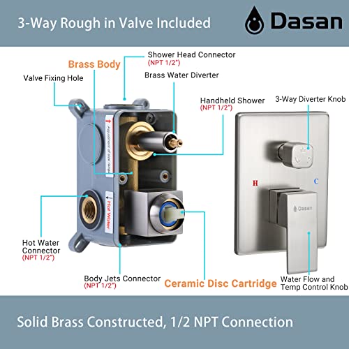 Brushed Nickel Shower System with 4 PCS Shower Body Spray Jets & 12’’ Ceiling Shower Head & Handheld Spray, DASAN Full Body Shower Faucet System with Jets Rainfall Shower Combo Set, SA-SS03BBN-S12C - color: Brushed Nickel