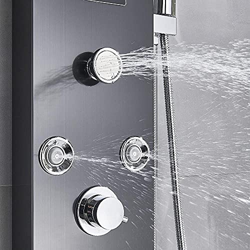 Bathroom Shower Panel Tower System LED Temperature Display Body Jets Shower Set Waterfall Rain Shower Head 6 Functions Temperature Display-Black