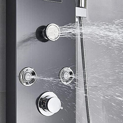 Bathroom Shower Panel Tower System LED Temperature Display Body Jets Shower Set Waterfall Rain Shower Head 6 Functions Temperature Display-Black
