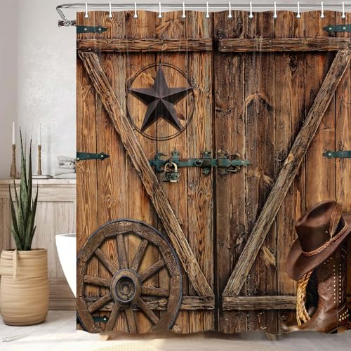 Texas Star Western Barn Door Shower Curtain Sets for Bathroom,Cowboy Hat Boots Wheel Decor Curtain, Vintage Rustic Wooden Board Farmhouse Bath Curtain with Hooks, 70X75IN - color: Pattern 13, size: 70"W x 75"L (Pack of 1)