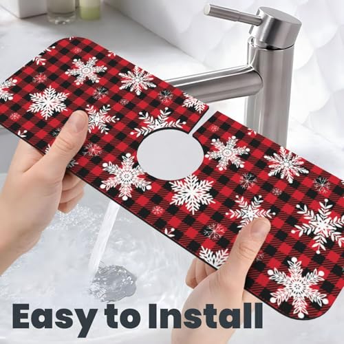 Snowflake Christmas Red Buffalo Plaid Kitchen Sink Splash Guard Faucet Mat Super Absorbent Fast Drying Mat Sink Gadgets-Fast Drying Pad Sink Mat For Kitchen Bathroom (15" X 5.5" ) - color: Snowflake Christmas Red Buffalo Plaid