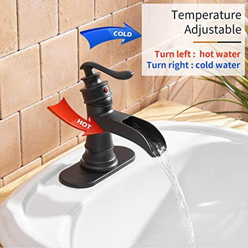 BWE Matte Black Waterfall Bathroom Faucet, Solid Brass, 1.2 GPM | Waterfall Spout, Ceramic Cartridge, California-Compliant, Fits 1 or 3-Hole Sinks, Handware Included, Single Handle - color: Black