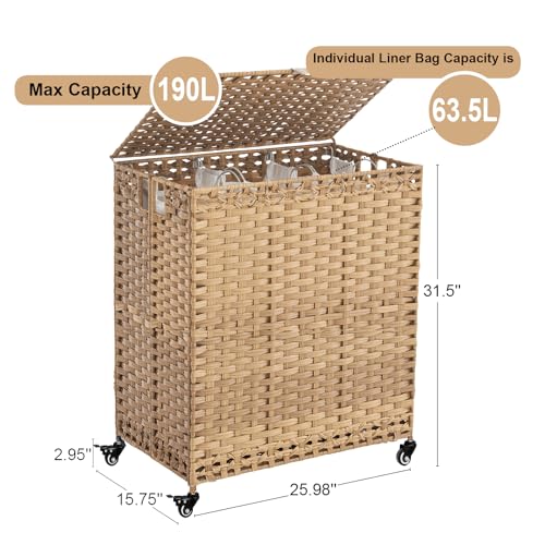 Laundry Hamper with Wheels&Lid, 50.2 Gallons(190L) Rolling Laundry Basket with Wheels, 3-Section Laundry Hamper, Handwoven Rattan Clothes Hamper with 6 Removable Liner& 3 Mesh Laundry Bags, Natural - color: Natural