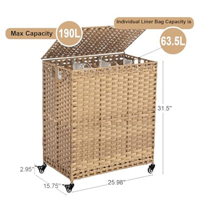 Laundry Hamper with Wheels&Lid, 50.2 Gallons(190L) Rolling Laundry Basket with Wheels, 3-Section Laundry Hamper, Handwoven Rattan Clothes Hamper with 6 Removable Liner& 3 Mesh Laundry Bags, Natural - color: Natural