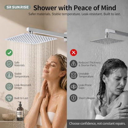 SR SUN RISE SRSH-D1203 12 Inches Bathroom Luxury Rain Mixer Shower Combo Set Wall Mounted Rainfall Shower Head System Polished Chrome Shower Faucet Rough-in Valve Body and Trim Included - color: Polished Chrome, size: 12 Inch
