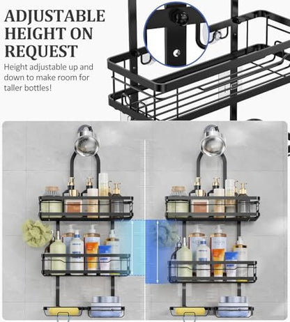 OMAIRA Shower Caddy Hanging Over the Shower Head - Rustproof Shower Organizer Hanging with Soap Scrub Holder, Non-Slip Stainless Steel Bathroom Storage Rack & Shelves, No Drilling, Black - color: Black