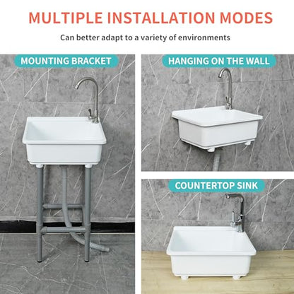 Freestanding Single Bowl Utility Sink, Kitchen Wall-Mounted Sink 16.9 x 12.8 Inch laundry tub With 1.26 faucet hole Plastic Sinks for Home Restaurant Dorm Garage Bathroom,Laundry slop sink (white) - color: White
