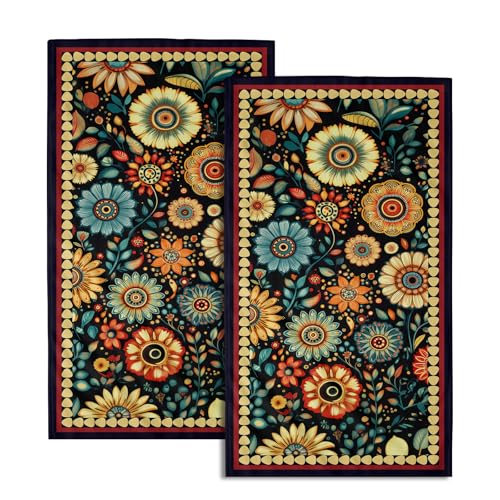 Giwawa Boho Floral Hand Towel 2pc - Colorful Flowers Absorbent Dish Towels for Kitchen Bathroom Decor Black - color: Boho Floral Black, size: 28.3" x 14.4"(Pack of 2)
