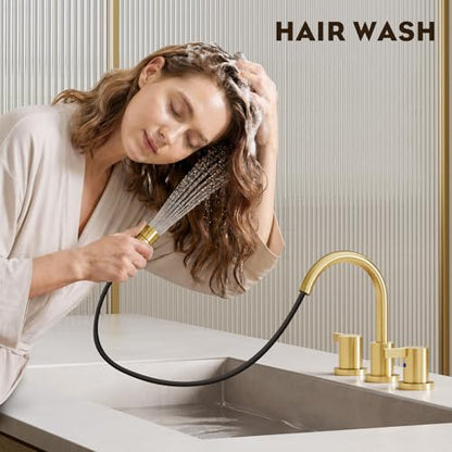 Pull Down Sprayer Brushed Gold 8 Inch Bathroom Sink Faucet, 2 Handles 3 Hole Widespread Pull Out Bathroom Faucet，with Pop Up Drain and Water Supply Line,BF04022-K01-BG - color: Brushed Gold