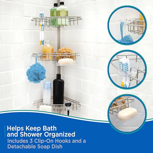 Kenney KN61520 Adjustable Height (5'-9') Spring Tension Metal Corner Pole Shower Caddy with 3 Adjustable Rust-Proof Basket Shelves, Towel Bars, and Razor Holders for Bathroom Shower, Satin Nickel