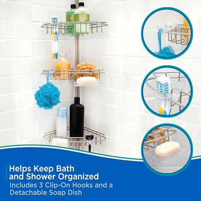 Kenney KN61520 Adjustable Height (5'-9') Spring Tension Metal Corner Pole Shower Caddy with 3 Adjustable Rust-Proof Basket Shelves, Towel Bars, and Razor Holders for Bathroom Shower, Satin Nickel