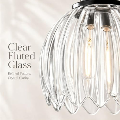 Black Bathroom Vanity Light Over Mirror, 3 Light Vanity Light Fixture with Clear Fluted Glass Shades, 18.3 Inch Wall Mount Bathroom Lighting Fixture, E26 Base