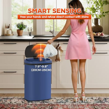 PayLessHere | 13 Gallon Stainless Steel Trash Can | Deep Blue | Automatic Touchless Lid with Motion Sensor | Kitchen Garbage Can with Waterproof Design | for Home, Office, Bathroom | Pack of 1 - color: Deep Blue Stainless Steel