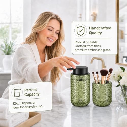 Bathroom soap Dispenser and Toothbrush Holder Set | Bathroom Accessories 2 pack cup and toothpaste holder green glass - color: Sage Green