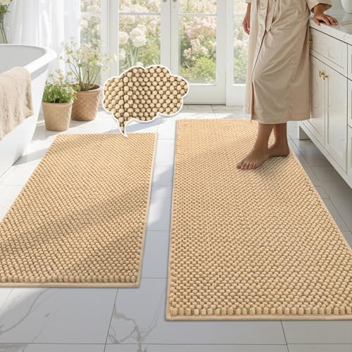 BSICPRO Bathroom Rugs Set 2 Piece, Thick Soft Multi-Color Chenille Absorbent Bath Mats, Non Slip Washable Bath Rugs, Shower Mat for Bathroom Decor (Oatmeal and Light Green, 20" x 47" Plus 20" x 32") - color: Oatmeal and Light Green, size: 20" x 47" Plus 2