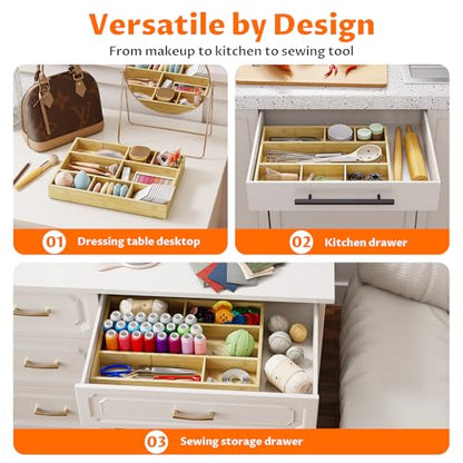 Bamboo Drawer Organizer with 9 Adjustable Compartments, Desk Storage Tray | Natural Bamboo, Flexible Modular Trays, Water-Resistant, Adjustable, Excellent Organization, Easy to Clean, Non-Slip Design - size: 9 Compartments