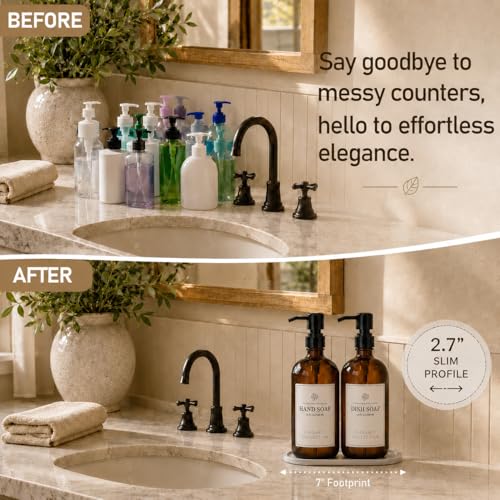 Fachixy Amber Glass Soap Dispenser 2 Pack, 16 Fl Oz, 14 Waterproof Labels | Leak-Resistant Stainless Steel Pump, Non-Slip Pad, Hand & Dish Soap Dispenser Bottles Set for Kitchen and Bathroom - color: Brown