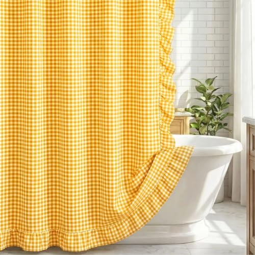 HunnmingRe Ruffled Gingham Shower Curtain 72 x 72 Inch Yellow Cotton Vintage Farmhouse Cottage Core Rural Checkered Plaid Shower Curtain with 12 Hooks for Bathroom Bathtubs Decor - color: Yellow, style: Ruffled Gingham