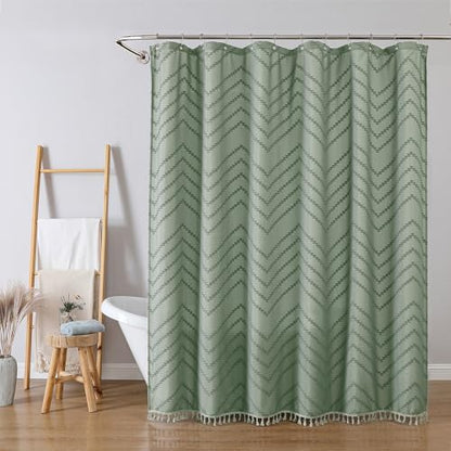 Sage Green Fabric Shower Curtain, Boho Shower Curtains for Bathroom Chic Tufted Chevron Striped Textured with Tassel, Soft Hotel Style Farmhouse, Machine Washable, 72x78, Sage Green - color: Sage Green, size: 72"W x 78"L (Pack of 1)