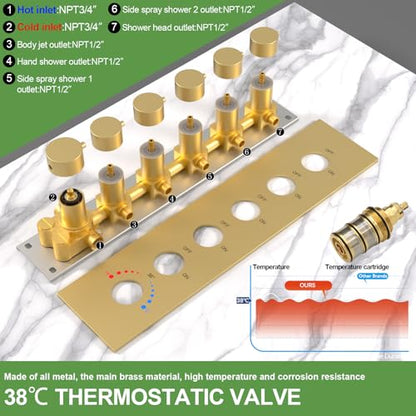 HOMEDEC 15.7x31.5" Ceiling Rain Shower System with Handheld, 6 Spray Jets, and Dual Side 6" Wall Mount Shower Head, Brushed Gold - color: Brushed Gold, style: 5-Way + 2x 6" Top