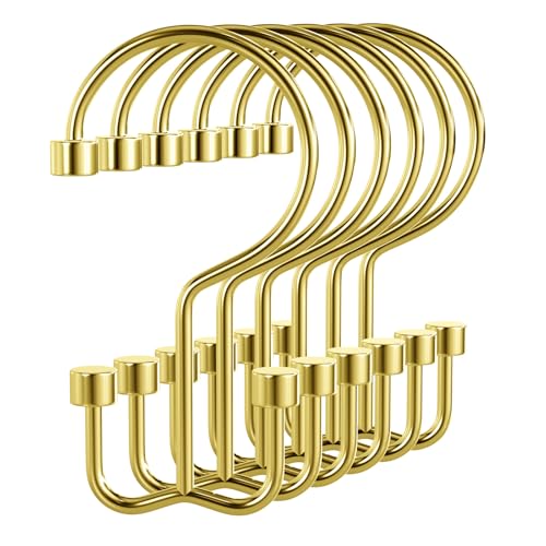Bathway Shower Curtain Hooks Gold Shower Curtain Rings, 12 Pcs Metal Double Hooks Rings Rust Proof for Bathroom Shower Curtain Rod - color: Gold, style: Modern