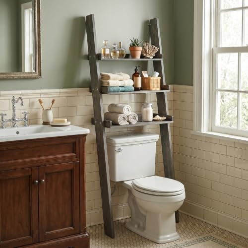 MyGift Over The Toilet Storage Ladder Shelf, 3 Tier Wood Bathroom Organizer, Above The Storage Shelves Leaning Rack Stand Gray