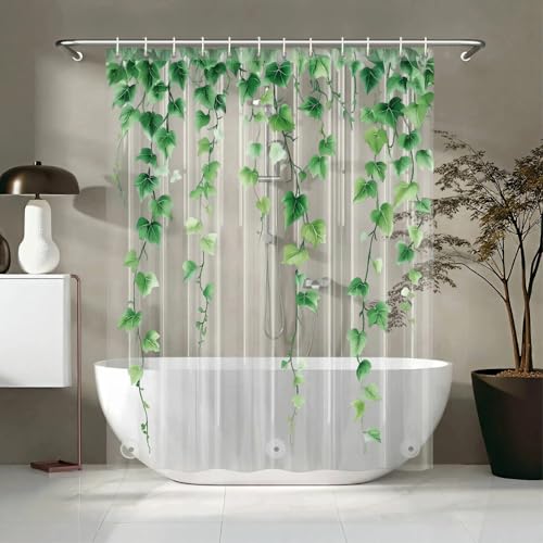 Clear Green Ivy Leaves Shower Curtain Liner, Transparent Plastic Nature Green Botanical Leaf Decorative Waterproof Shower Curtains for Bathroom, 72x78 Weighted Magnetic Shower Curtain Liner with Hooks - color: Clear Ivy Leaves, size: 72"W x 78"L (Pack of