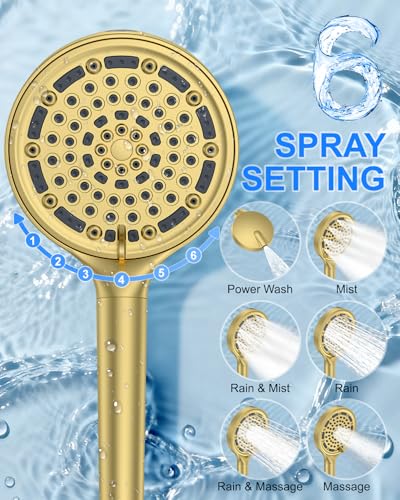 KOJOX Brushed Gold Dual Shower Head System – 11" Ceiling Rainfall + 6" Wall Mount Heads, 6-Mode Handheld Spray, Push-Button Diverter Faucet Set - color: Brushed Gold, size: 6''+11''