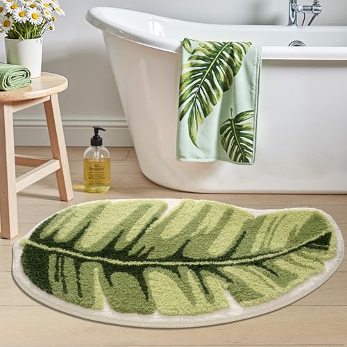 LUMI Cute Bathroom Rug Green Leaf, Absorbent Non Slip Bath Mat, 19.5"x39.5" | Palm Leaf Plant, Soft Plush Microfiber, Quick Dry, Washable for Shower Floor, Bathroom, Sink Bathtub, Bedroom, Kids Room - color: Ample Palm Leaf