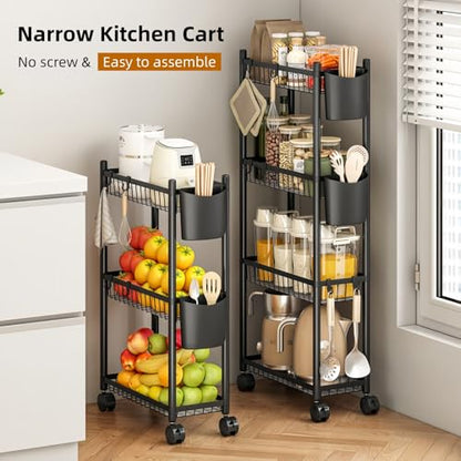 Slim Rolling Storage Cart, 4 Tier Narrow Utility Cart with Wheels, Skinny Metal Mobile Shelf Unit Organizer for Bathroom Kitchen Laundry Room Pantry Office Small Spaces, Black