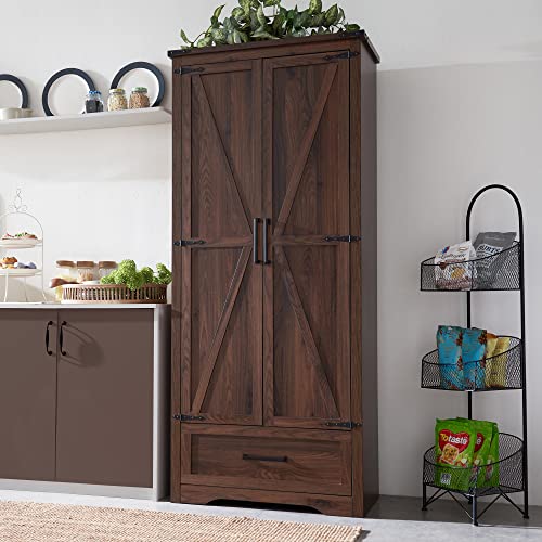 Farmhouse Kitchen Pantry Cabinet - 72" Tall Wood Kitchen Storage Cabinets with Adjustable Shelves & 2 Barn Doors & Drawer, Versatile Storage for Dining Room, Bathroom, Rustic Brown - color: Rustic Brown