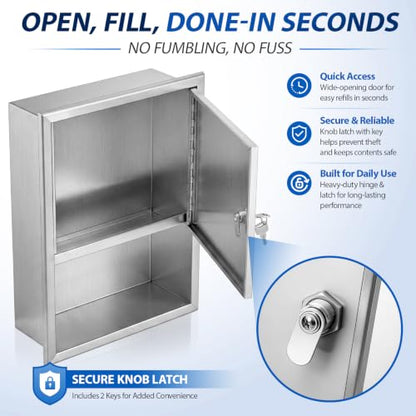304 Stainless Steel Recessed Paper Towel Dispenser with Lock Commercial | Heavy Duty Wall Mounted Paper Towel Dispenser, Satin Finish, Fits 350 C-fold & 475 Towels for Public Restroom, Office, Hotel