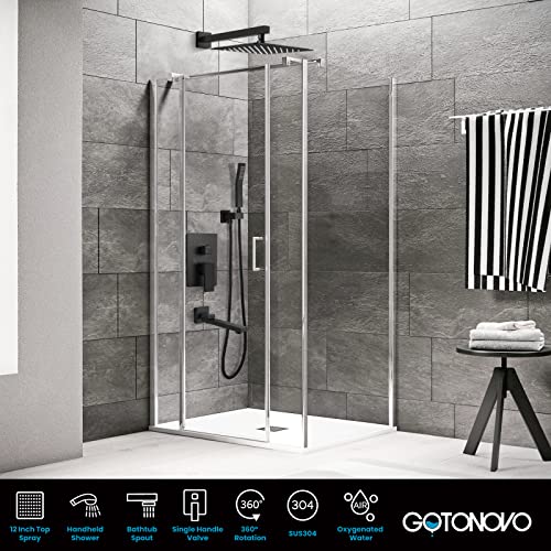 gotonovo Tub Shower Faucet Set with Valve Kit 12’’ Head,Matte Black | Shower System with Tub Spout,SUS304 Rain Head with Handheld Sprayer,Swivel Spout,All Metal,Rough-In Valve Trim Kit,Wall Mount - color: Black, size: 12’’ Head