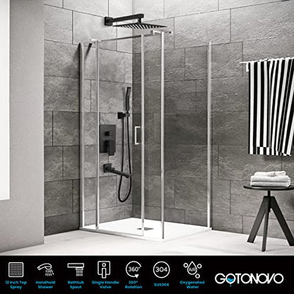 gotonovo Tub Shower Faucet Set with Valve Kit 12’’ Head,Matte Black | Shower System with Tub Spout,SUS304 Rain Head with Handheld Sprayer,Swivel Spout,All Metal,Rough-In Valve Trim Kit,Wall Mount - color: Black, size: 12’’ Head