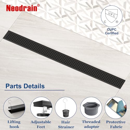Neodrain 30" Linear Shower Drain, Matte Black 304 SS Bathroom Linear Drain | Black Shower Drain with Quadrato Grate& Adjustable Feet, Long Rectangle Shower Floor Drain in Bathroom, Balcony etc, cUPC - color: Matte Black, size: 30 In