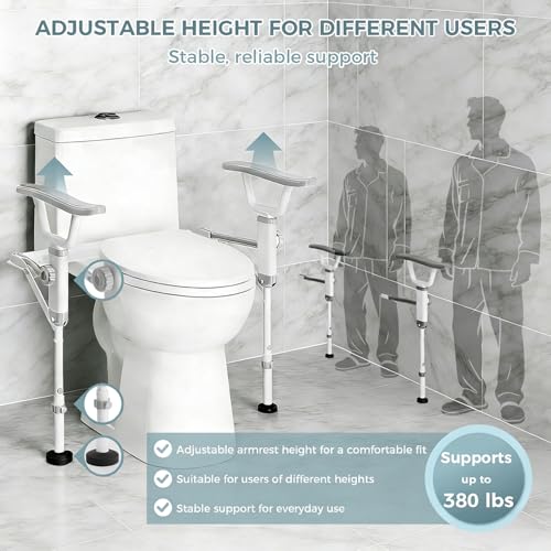 Folding Toilet Safety Rails - Adjustable Bathroom Support Frame | with Foldable Arms for Elderly, Seniors, Post-Surgery Recovery, and Pregnant Women - Tool-Free Installation, Sturdy Grab Bar