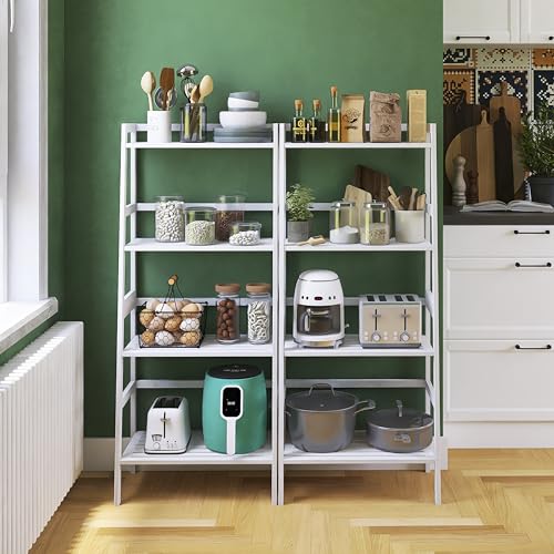 HITNET White Ladder Bookshelf, Leaning Bookcase, 4-Tier Bamboo Shelf, Floor Standing Storage Shelving Unit, Open Display Book Shelves - color: White