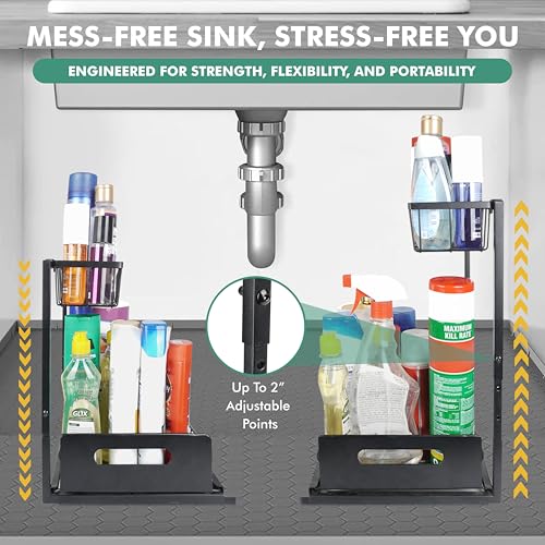 Height Adjustable 2-Tier Under Sink Organizer with 3 Hooks – Kitchen Sink Cabinet Storage Rack, Expandable Sink Caddy for Kitchen, Bathroom & Pantry - color: Black