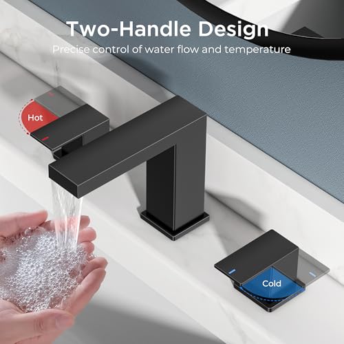FORIOUS Waterfall Black Bathroom Faucet 3 Hole, 8 Inch Widespread Faucets | Waterfall Bathroom Faucet Widespread, Matte Black Faucet for Bathroom Sink 3 Holes Vanity with Drain and Hoses for Wholesale - color: Matte Black, style: Transitional